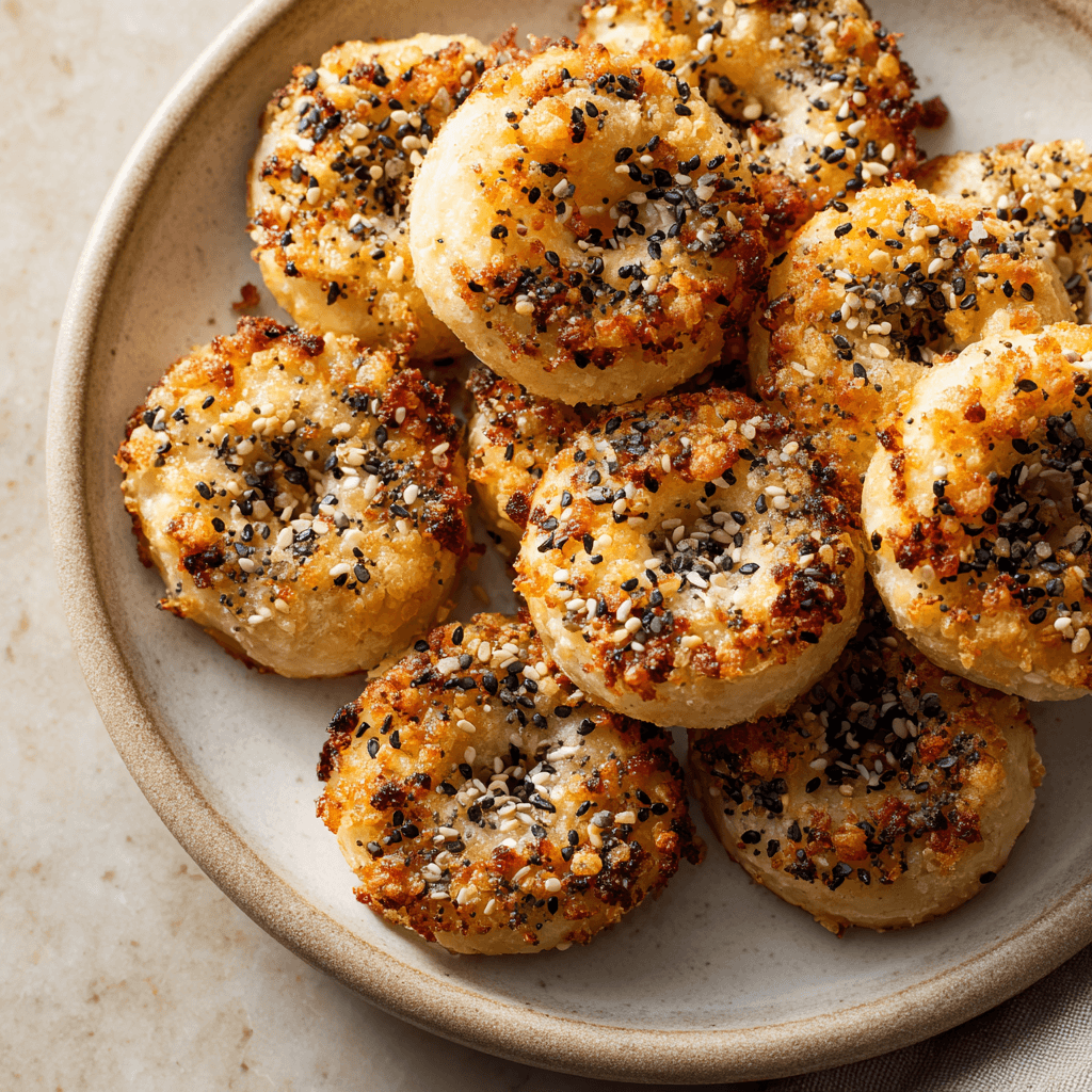 Close-up of high-protein bagel bites with everything seasoning, arranged on a plate in bright natural light.