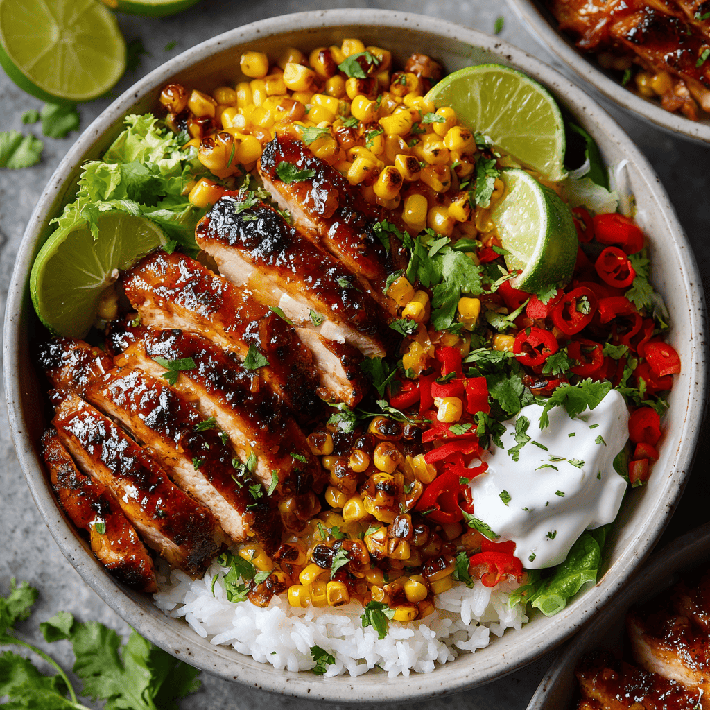 Overhead Honey Lime Chicken & Rice Bowl with glazed chicken, corn, vegetables, and cilantro.