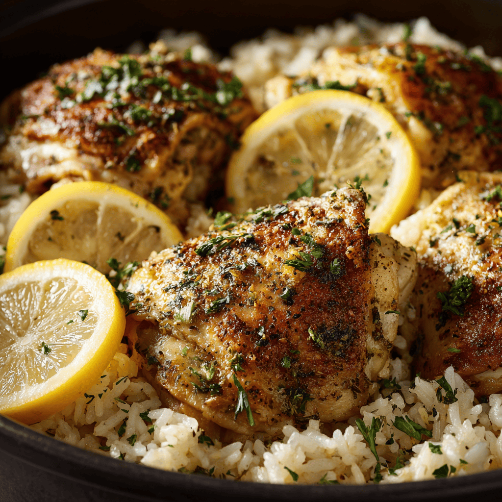 Slow Cooker Lemon Herb Chicken and Rice: Easy Flavorful Dinner 1 Overhead view of lemon herb chicken and rice with parsley and lemon slices in a warm rustic dish.