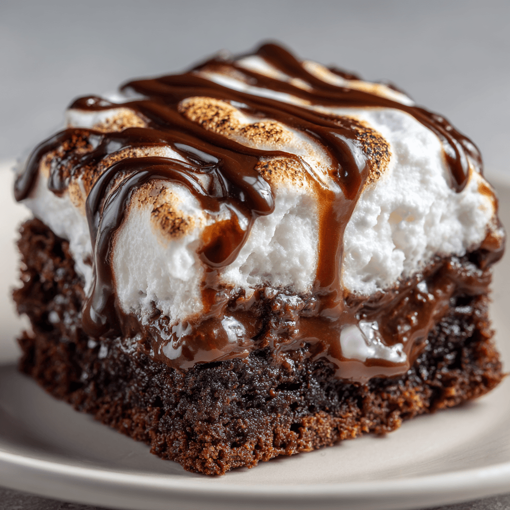 Ultra-realistic marshmallow chocolate poke cake slice with gooey chocolate filling.