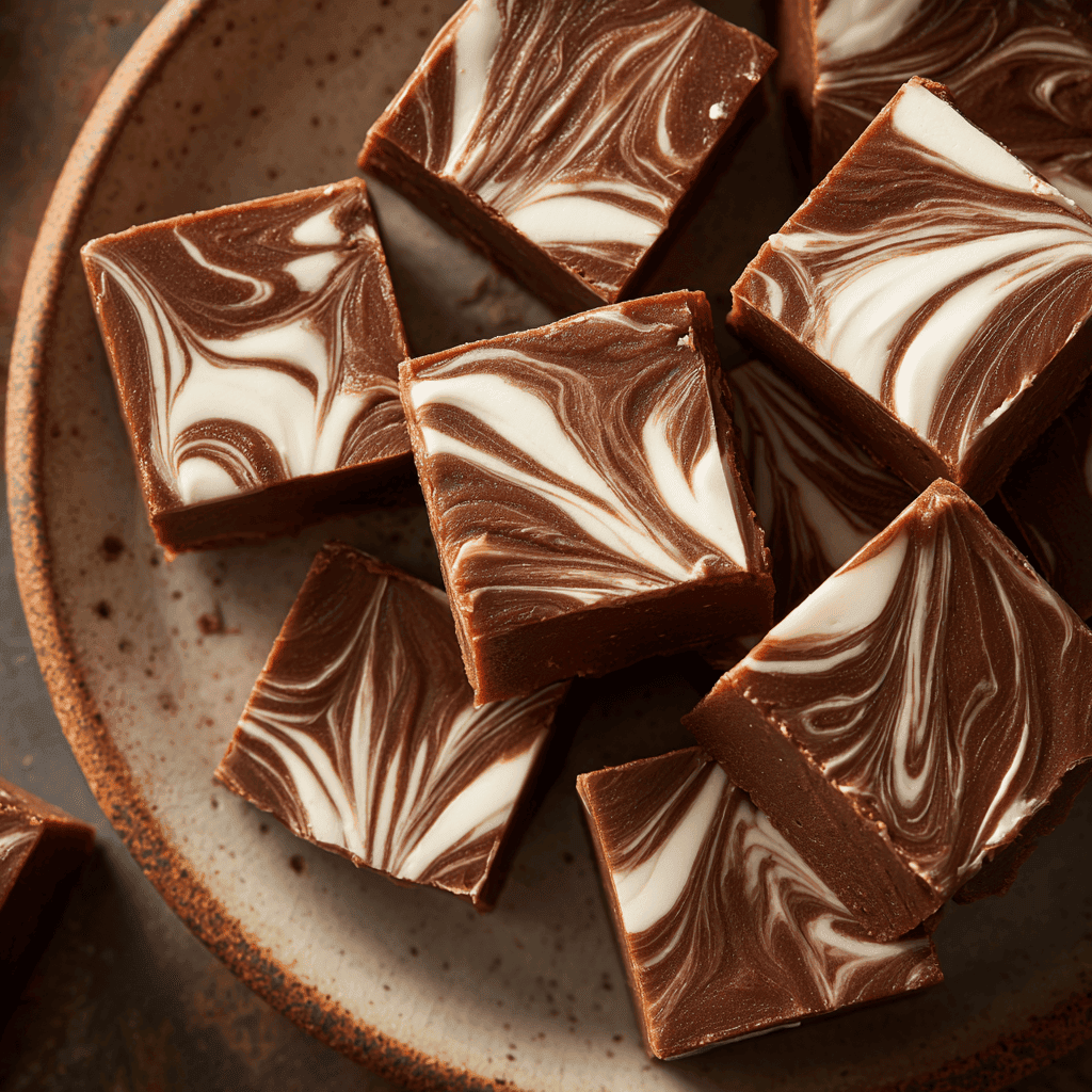 Overhead shot of thick chocolate fudge pieces with marshmallow swirls on a rustic plate.