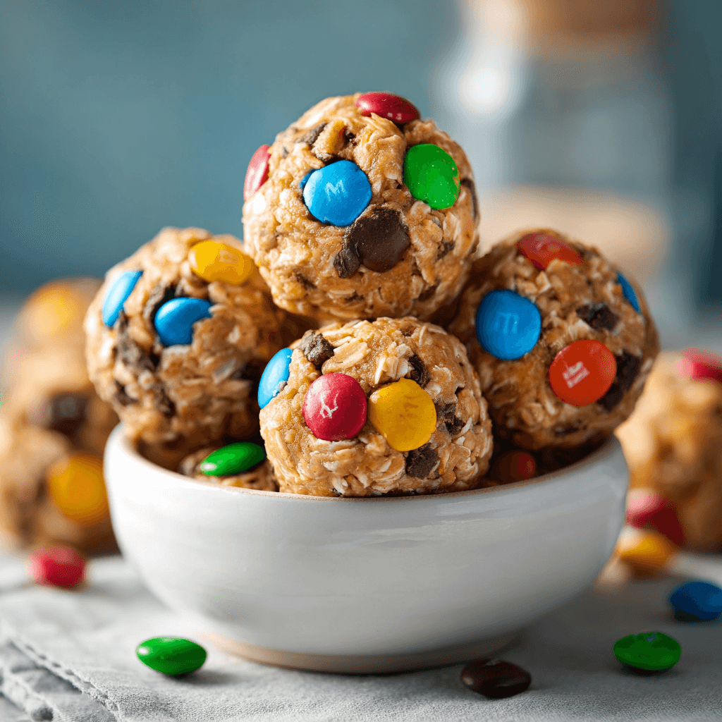 Bright and colorful monster cookie energy balls stacked in a bowl with M&Ms and chocolate chips.