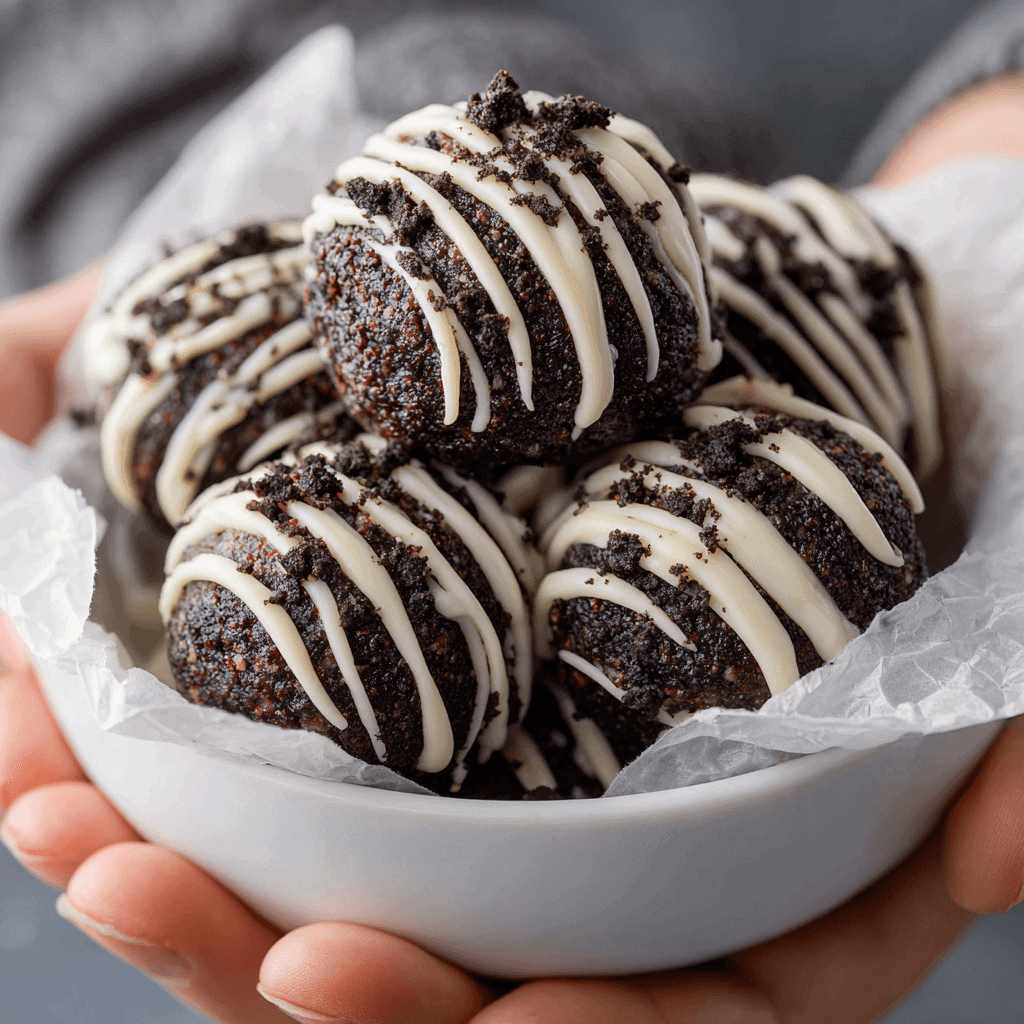 Stacked Oreo protein balls with cookie crumbs and white chocolate drizzle in a bright clean setting.