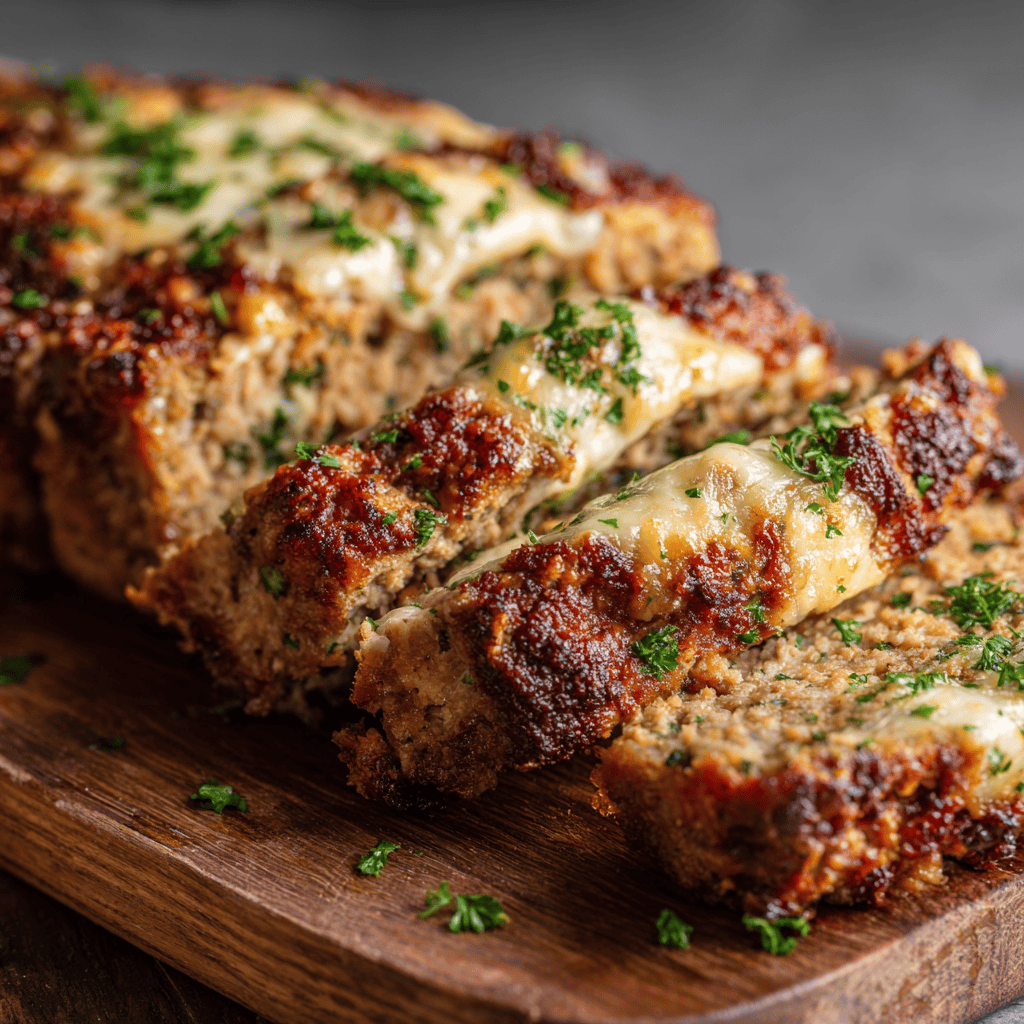 Close-up Parmesan Chicken Meatloaf with melted cheese and herbs, sliced on a rustic board.