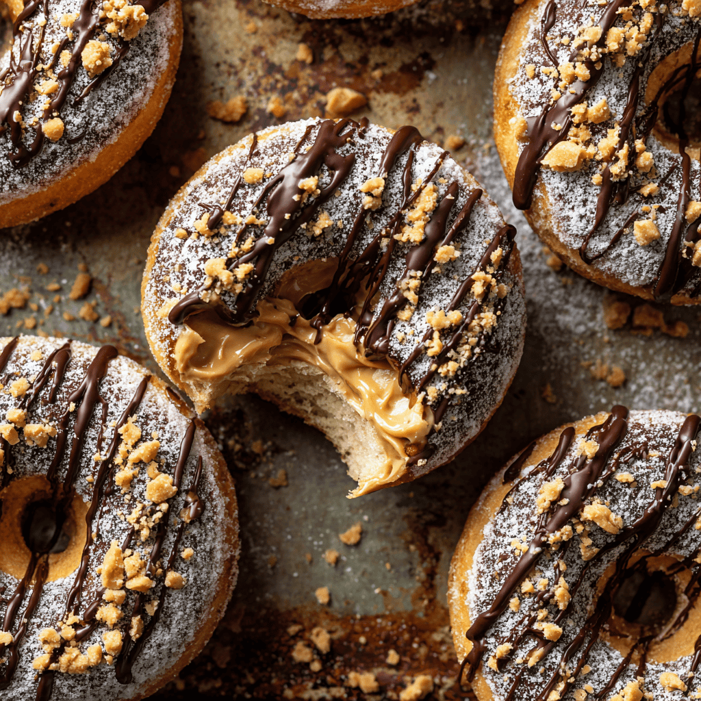 Peanut Butter Cheesecake Donuts with powdered sugar and chocolate drizzle, including a bitten donut with creamy filling.