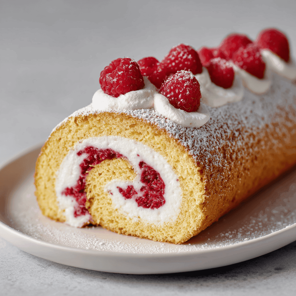Raspberry Swiss roll cake with creamy swirl, whipped topping, and fresh raspberries.