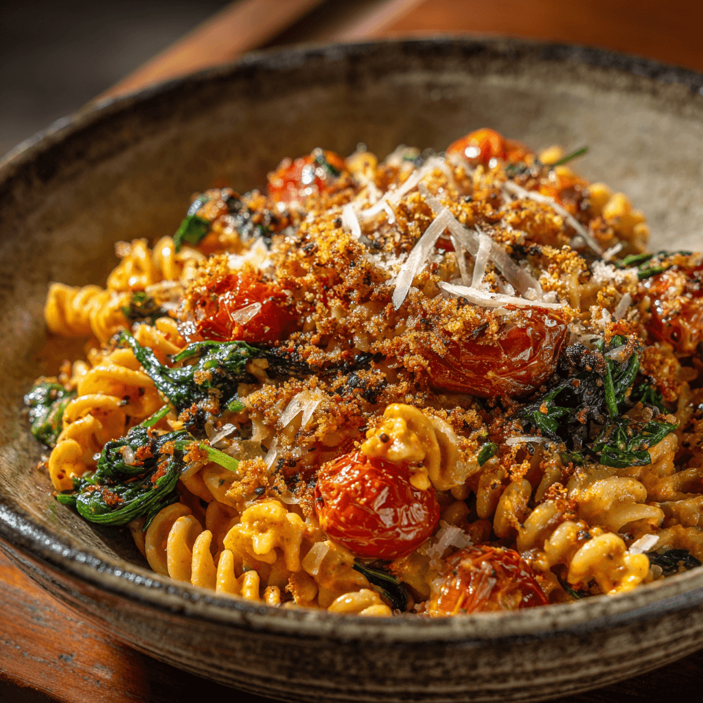 Roasted Tomato and Bell Pepper Pasta: Your Favorite Weeknight Meal 1 Warm and inviting pasta dish with roasted tomatoes, creamy bell pepper sauce, spinach, and parmesan.