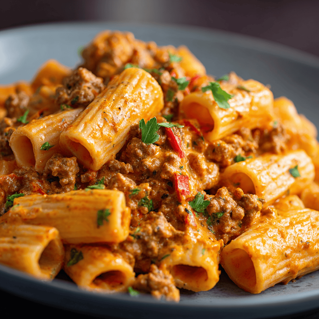 Ultra-realistic Rotel pasta with ground beef in creamy tomato-chili sauce with fresh parsley.