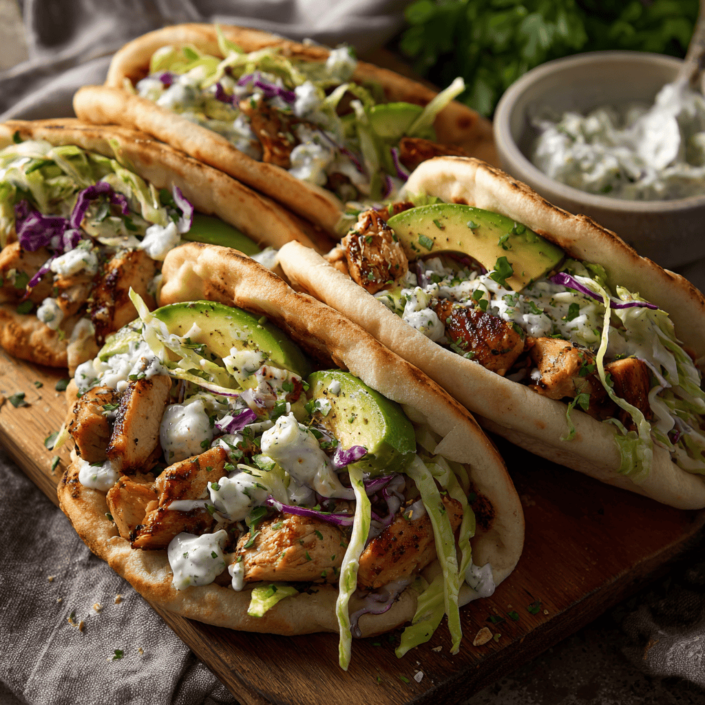 Warm, rustic chicken pitas with glazed chicken, fresh slaw, and avocado arranged beautifully in a close-up shot.