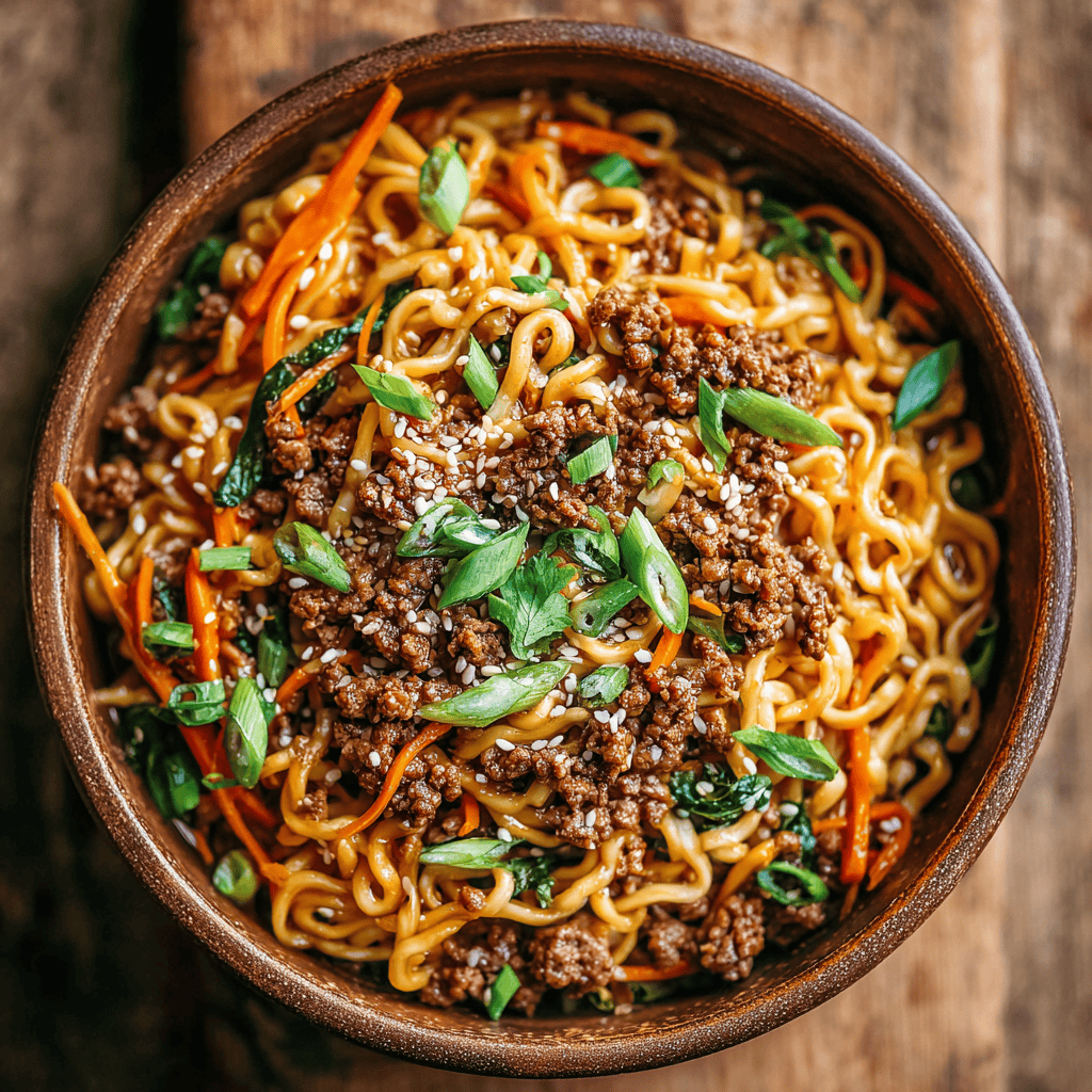 Slow Cooker Beef Ramen Noodles: Tender, Flavor-Packed Comfort 1 Overhead view of saucy Beef Ramen Noodles topped with sesame seeds and green onions.