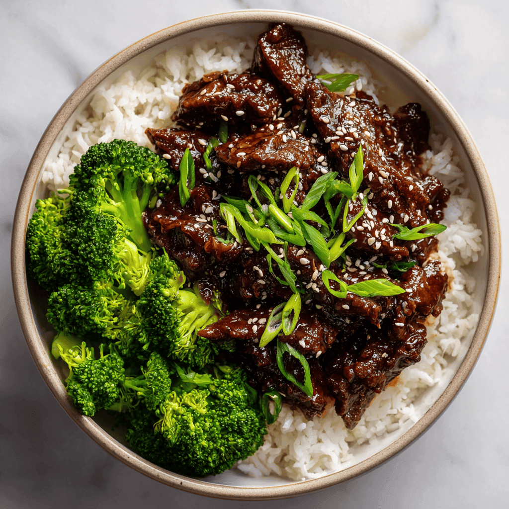 Overhead view of tender Korean beef served with rice and broccoli, topped with sesame seeds and green onions.