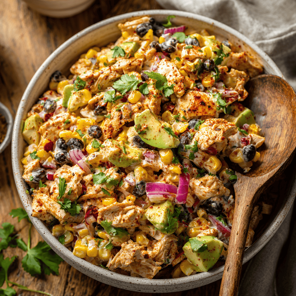 Bright overhead view of creamy Southwest chicken salad with colorful vegetables and spices.