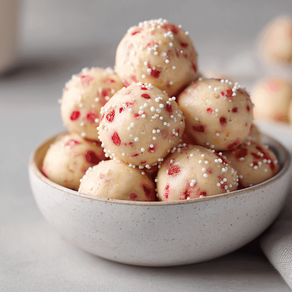 Bright, inviting close-up of strawberry cheesecake protein balls with creamy texture and strawberry pieces.