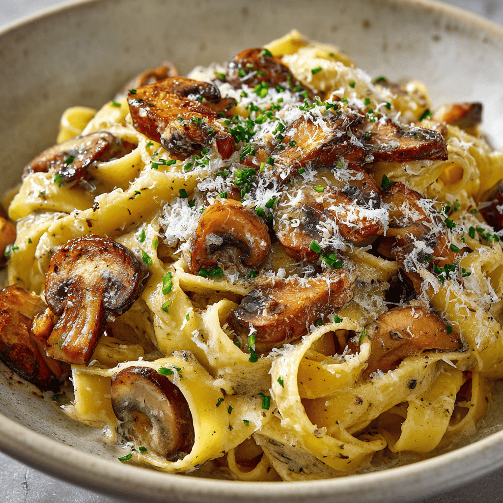Ultra-realistic bowl of creamy truffle mushroom pasta with parmesan and chives.