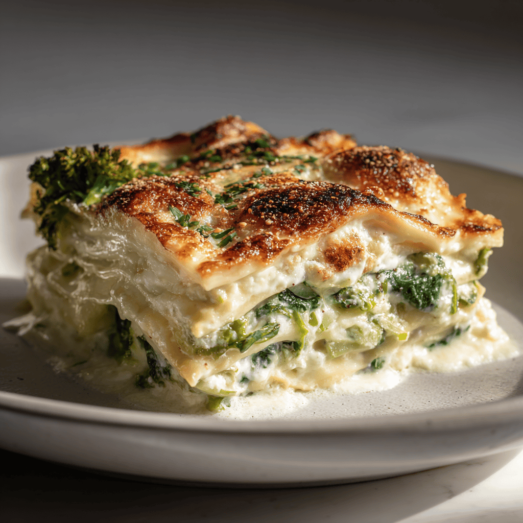 White Spinach Lasagna: Ultra Creamy, Cheesy & Easy Dinner 1 Ultra-realistic slice of white spinach lasagna with creamy layers and golden cheese.