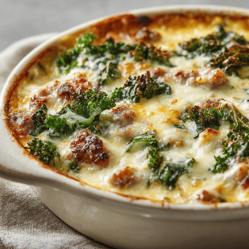 Warm, golden Zuppa Toscana casserole with melted cheese and kale, photographed close-up for a comforting feel.