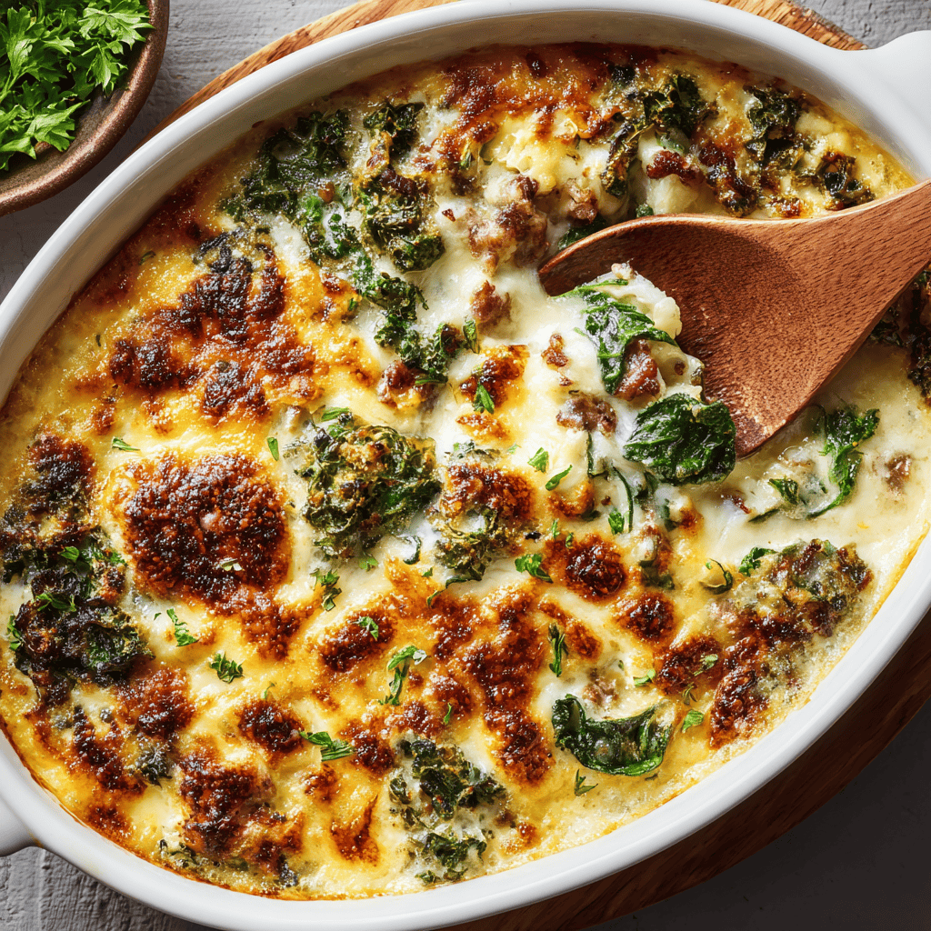 Close-up of creamy Zuppa Toscana casserole with melted cheese and kale, baked in a white dish with a wooden spoon.