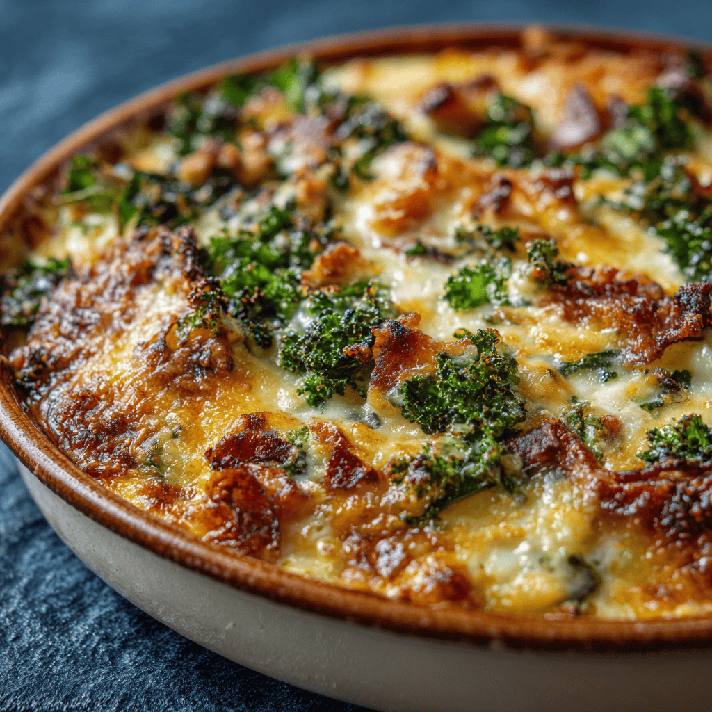 Golden and perfectly baked Zuppa Toscana casserole with crisp cheese topping and visible kale.