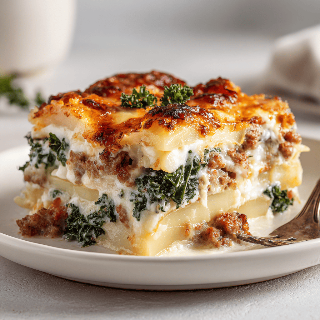 Single serving of Zuppa Toscana casserole on a white plate showing creamy layers of cheese, sausage, and kale.