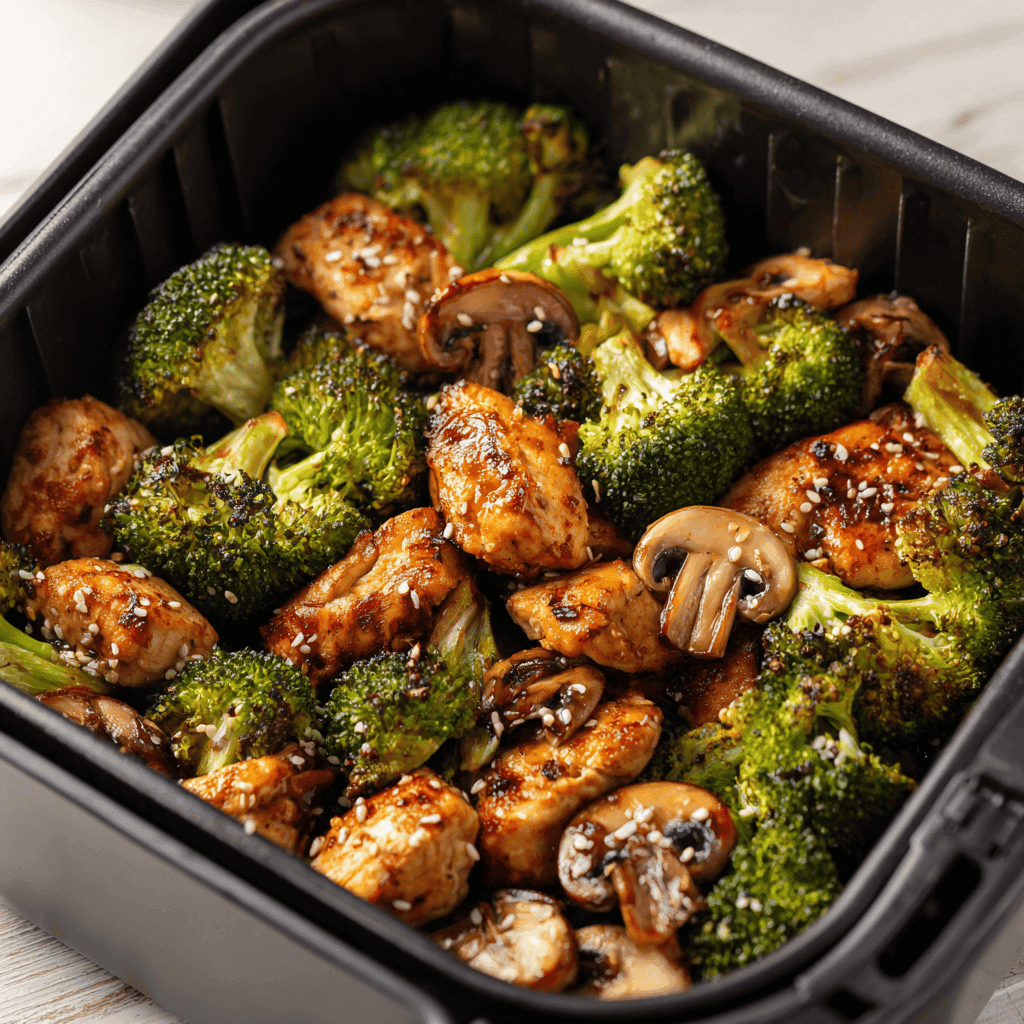 Air fryer chicken, broccoli, and mushrooms roasted in a black air fryer basket.