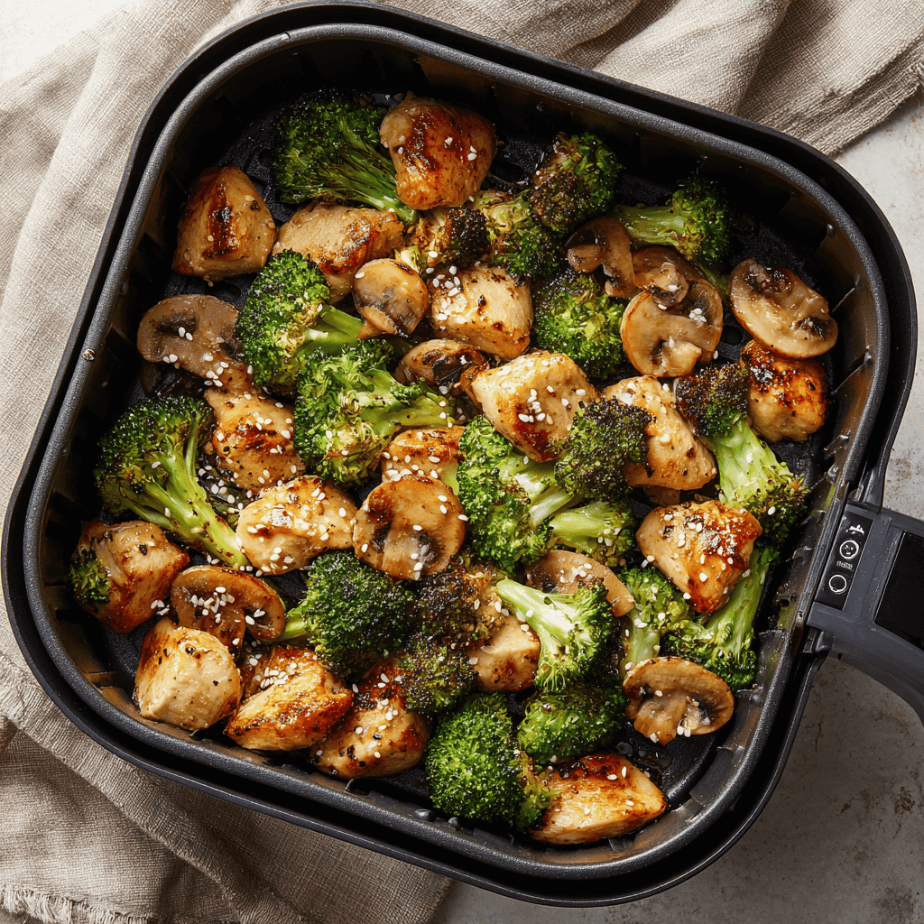 Air fryer chicken and broccoli displayed in its basket on a clean surface.