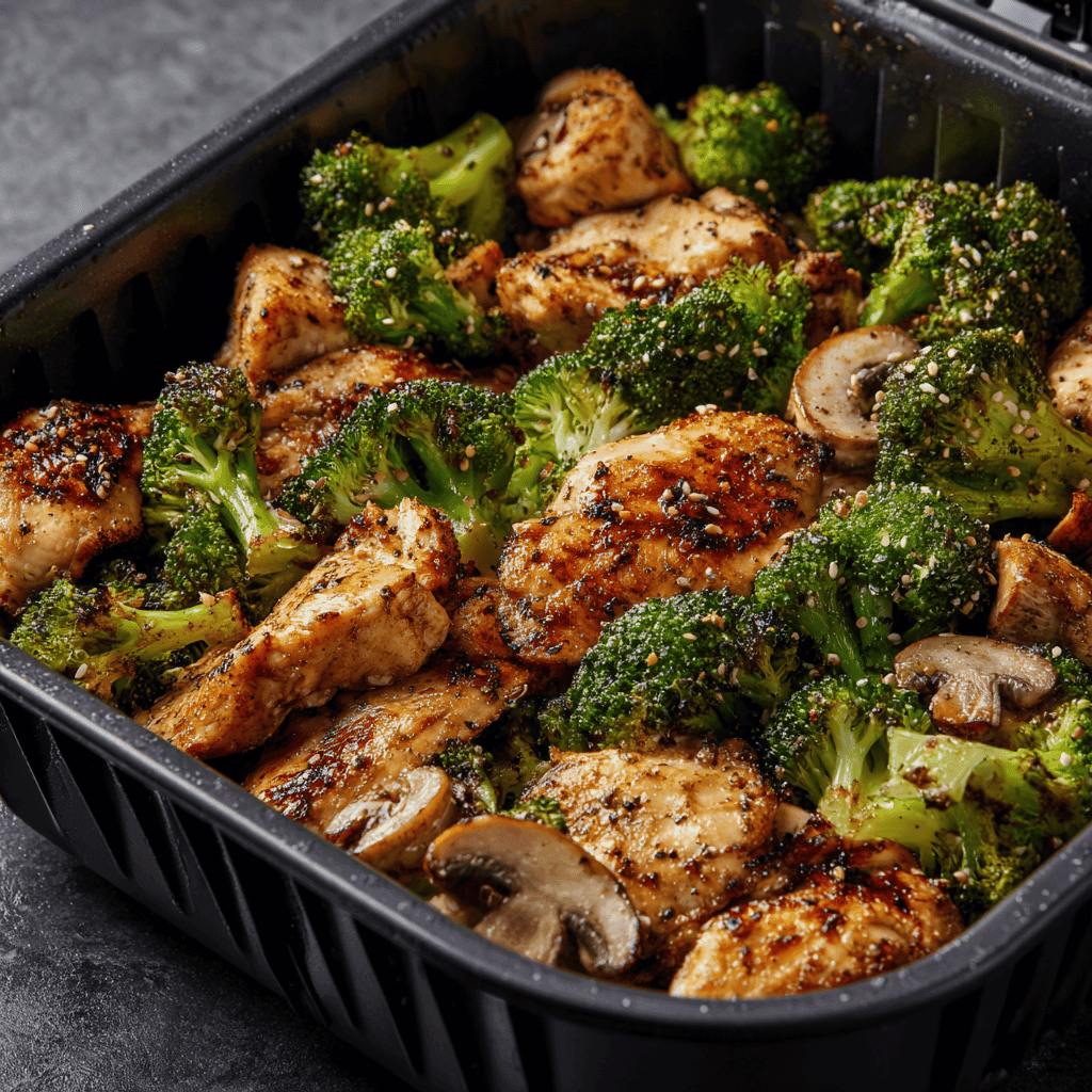 Slight-angle view of air fryer chicken and broccoli with mushrooms.