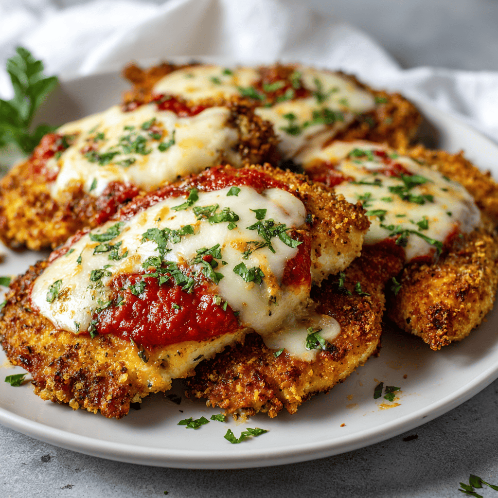 Crispy air fryer chicken parmesan topped with marinara and melted mozzarella.