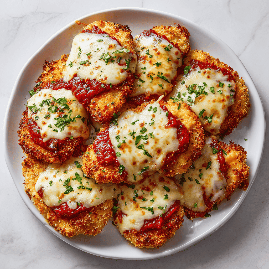 Air fryer chicken parmesan on a plate on a clean surface.