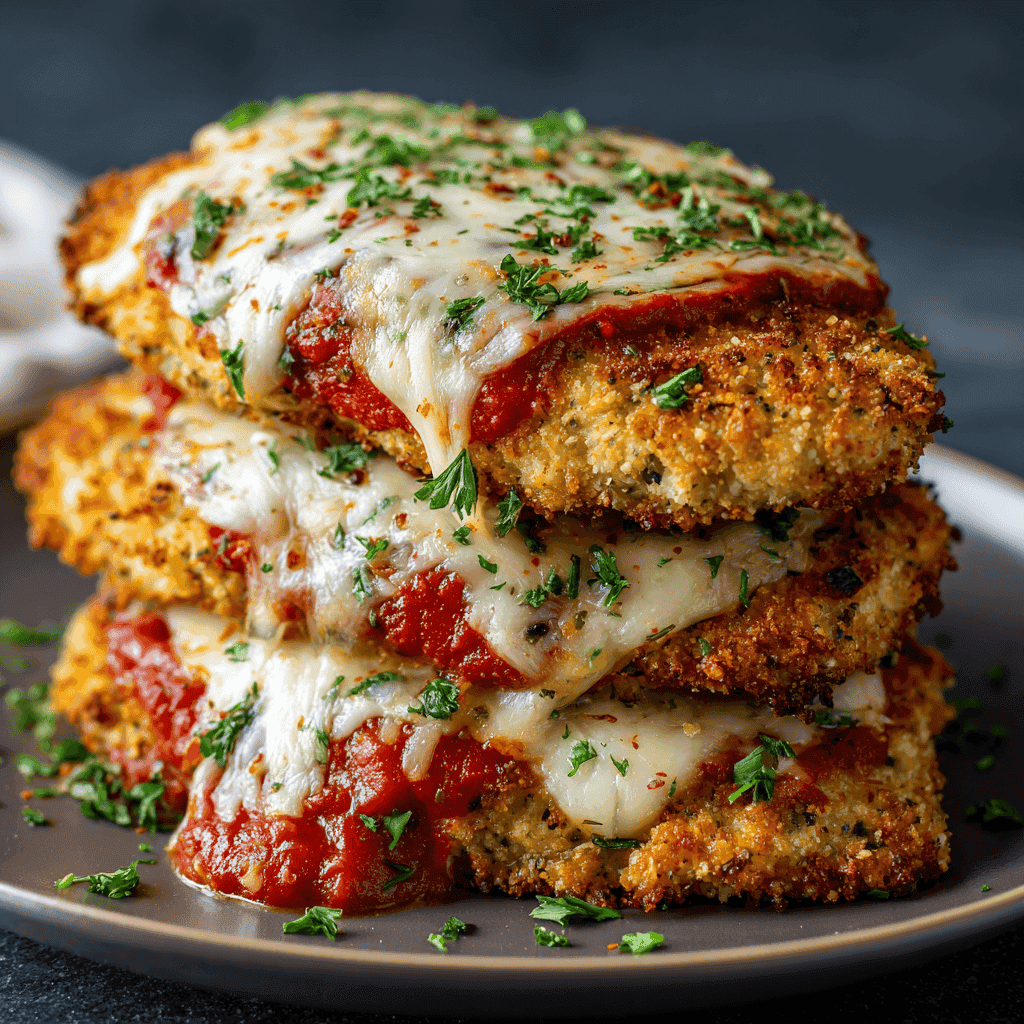 Slight-angle view of air fryer chicken parmesan on a white plate.