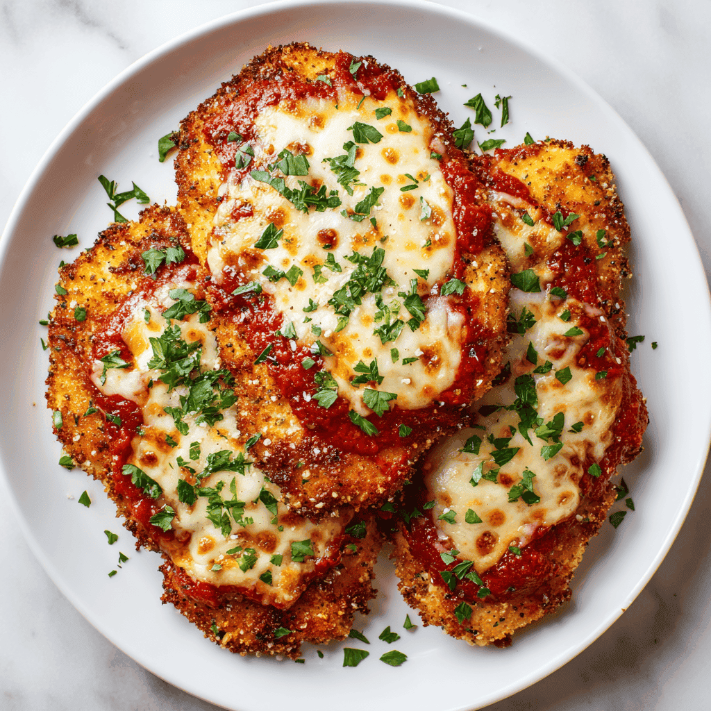 Top view of finished air fryer chicken parmesan with melted cheese.