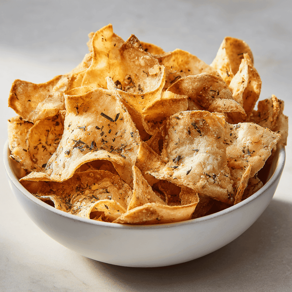 Air fryer rice paper chips in a white bowl on a clean surface.