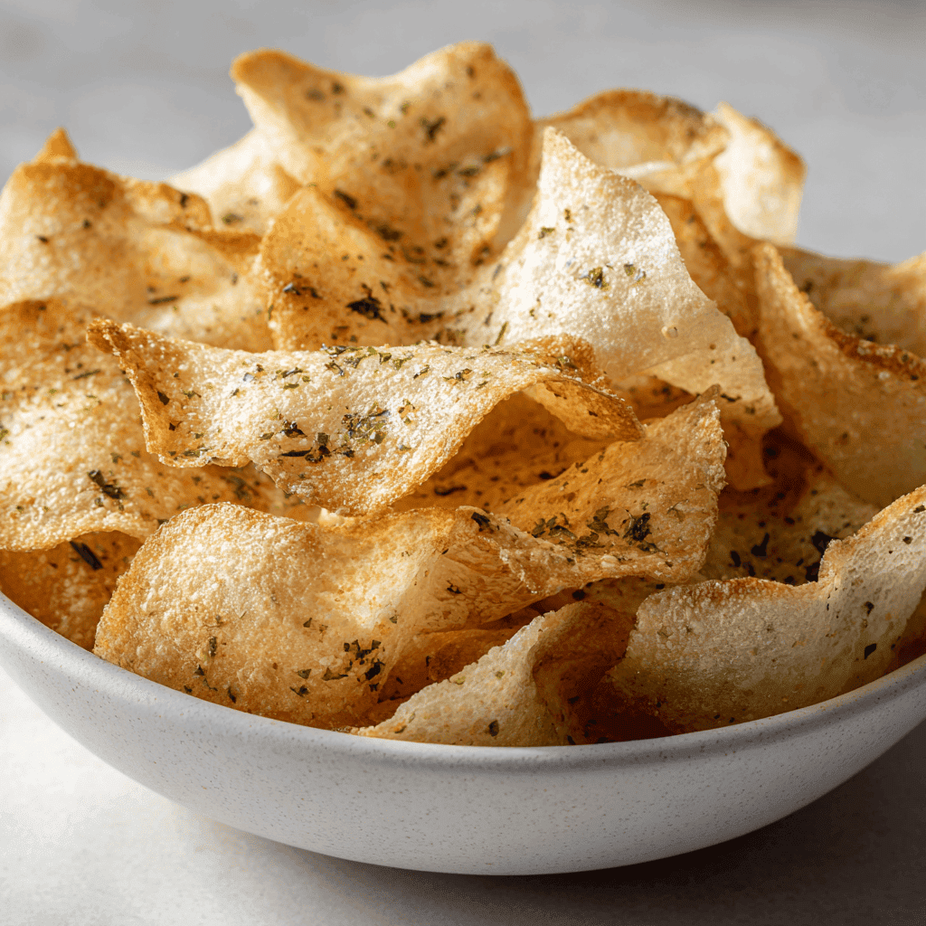 Slight-angle view of crispy air fryer rice paper chips in a bowl.
