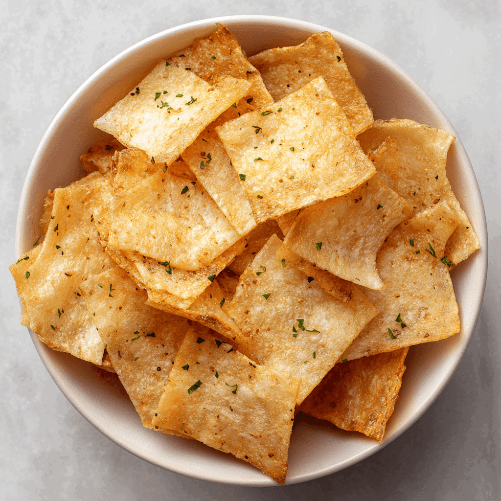 Top view of finished air fryer rice paper chips in a bowl.