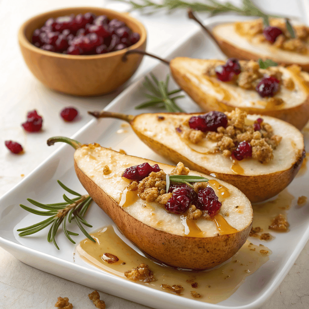Best Baked Pears with Goat Cheese & Cranberries 2 Baked pears on a serving dish with cream, cranberries, crumbs, and rosemary.
