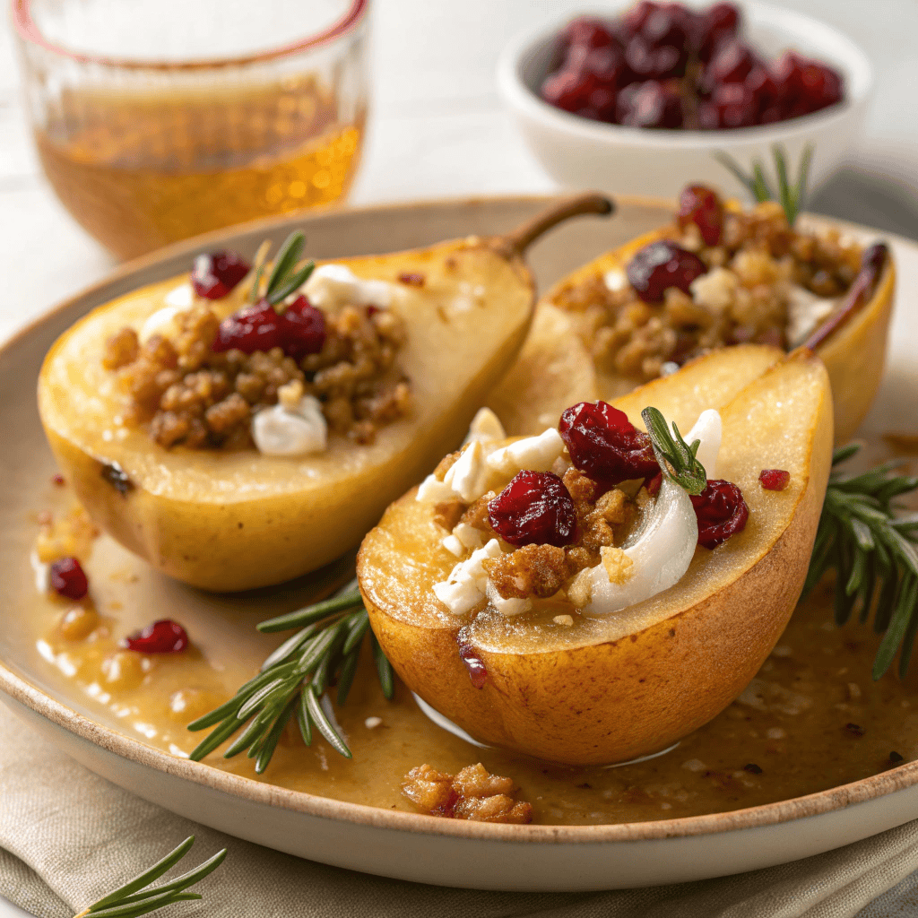 Best Baked Pears with Goat Cheese & Cranberries 4 Baked pear halves topped with cream, cranberries, crumbs, and rosemary on a plate.
