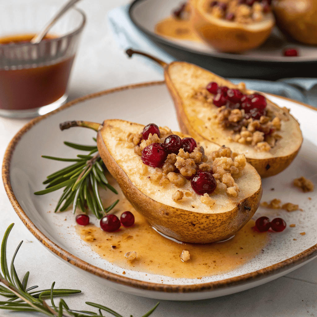 Best Baked Pears with Goat Cheese & Cranberries 1 Baked pears with cream and cranberries shown from a slight angle with syrup and rosemary.