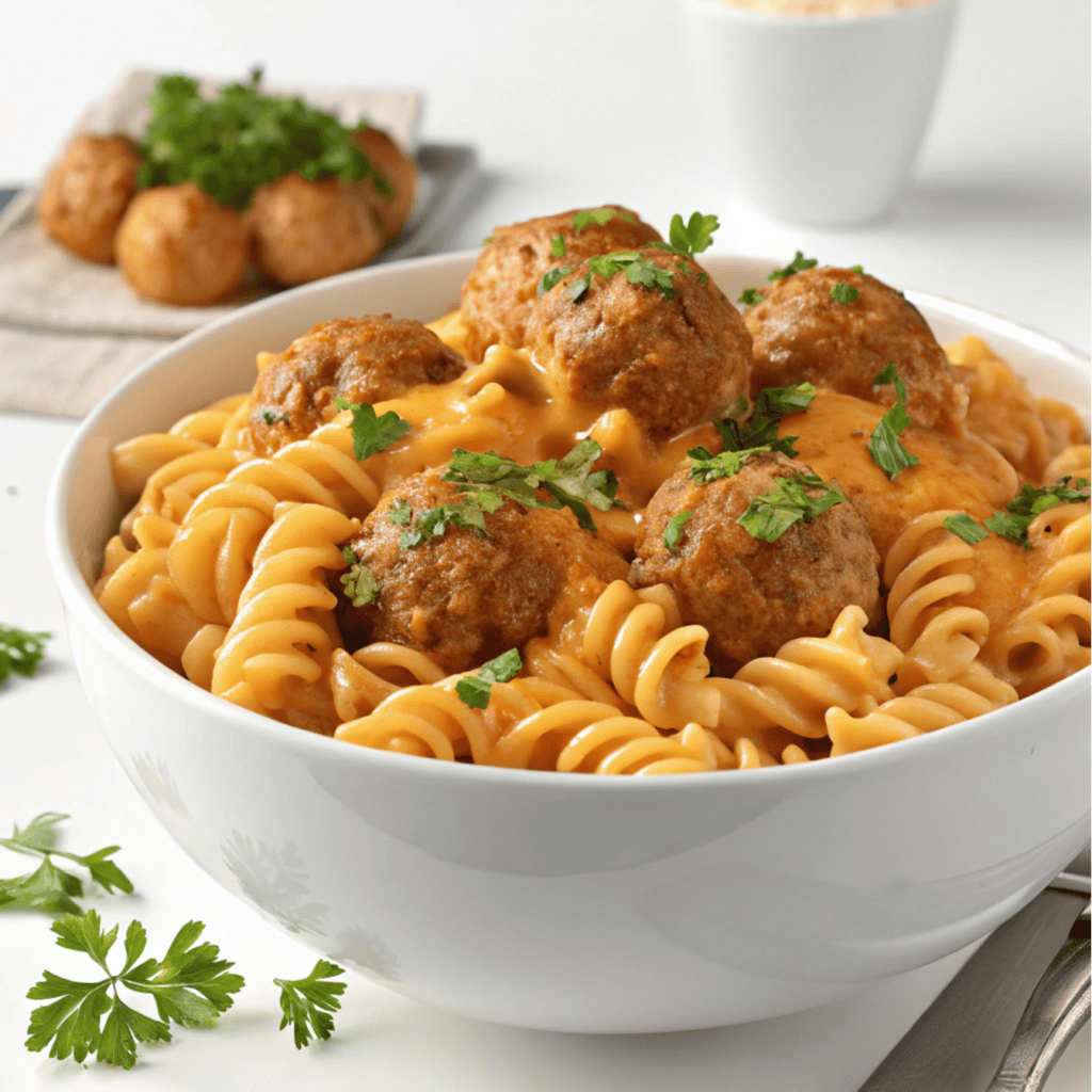 BBQ ranch meatball pasta served in a white bowl with cheese and parsley.