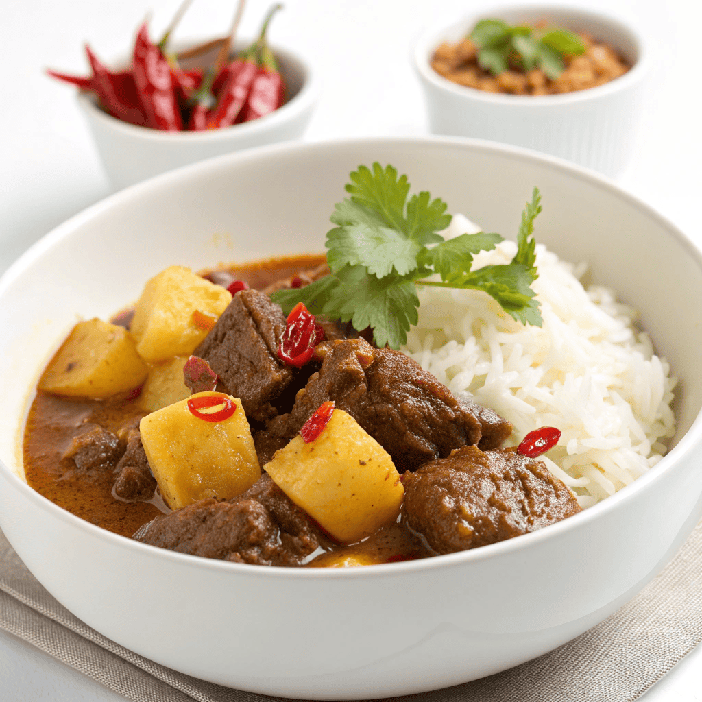 Hero shot of Beef Massaman Curry with beef, potatoes, rice, cilantro, and dried chilies in a black bowl.