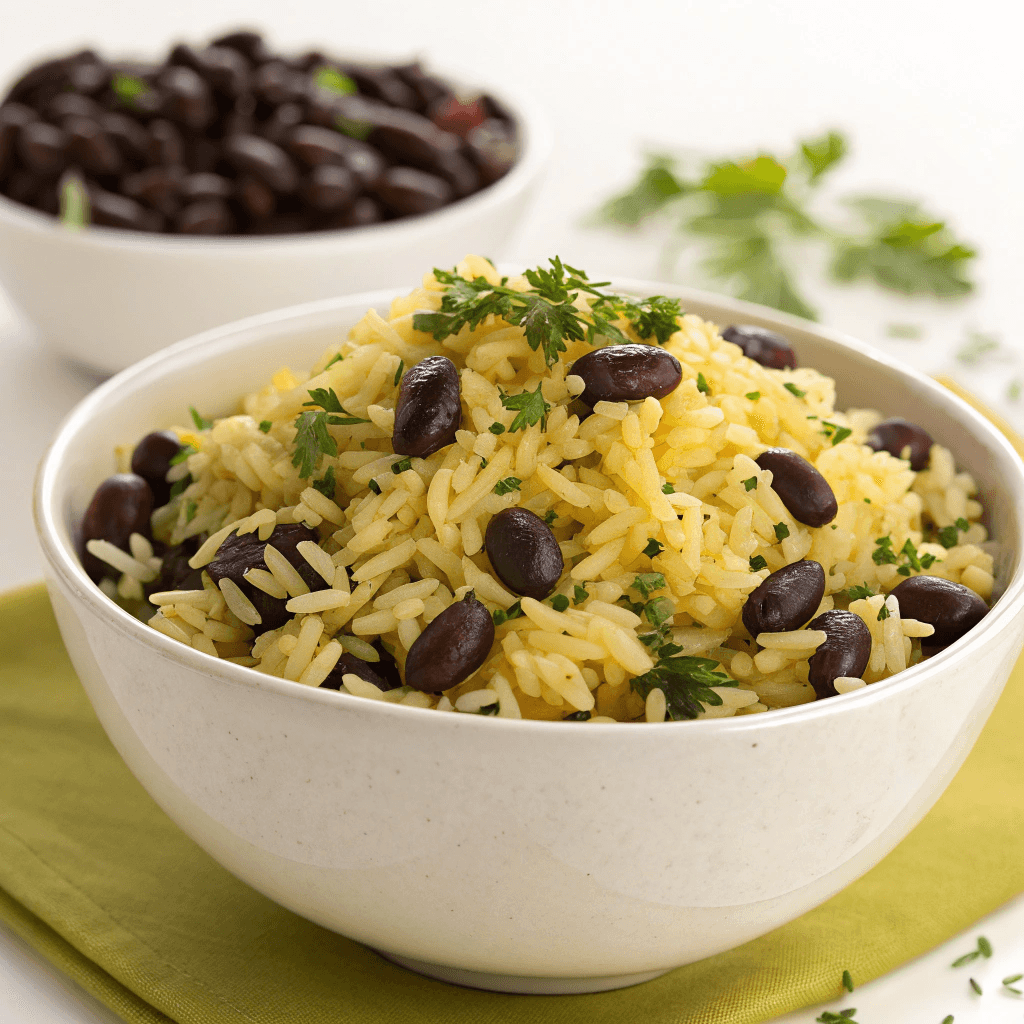 Yellow seasoned rice mixed with black beans served in a bowl with a fork.