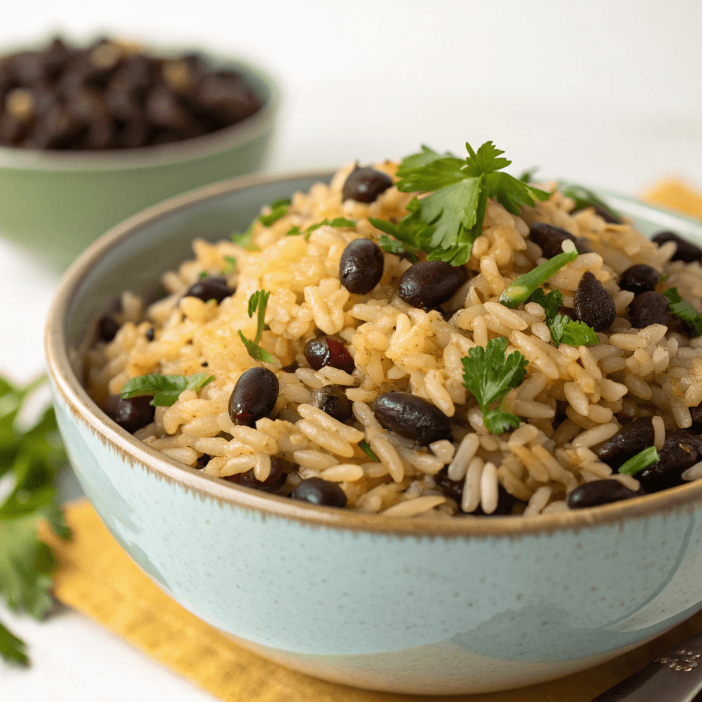 Black beans and rice shown from a slight angle in a shallow bowl.