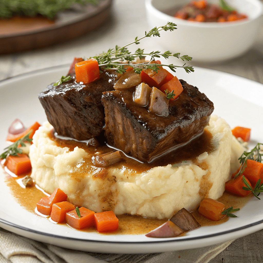 Braised short ribs over mashed potatoes with carrots and sauce arranged on a serving plate.