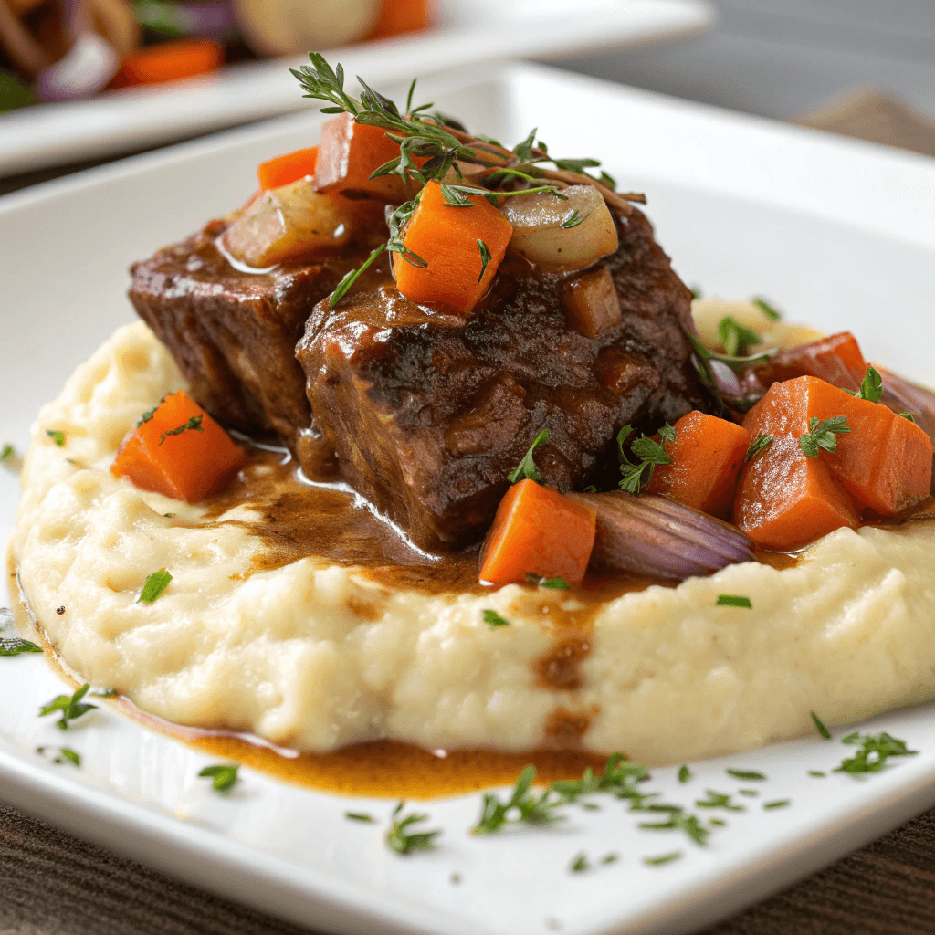 Braised short ribs with carrots and sauce served over mashed potatoes on a white plate.