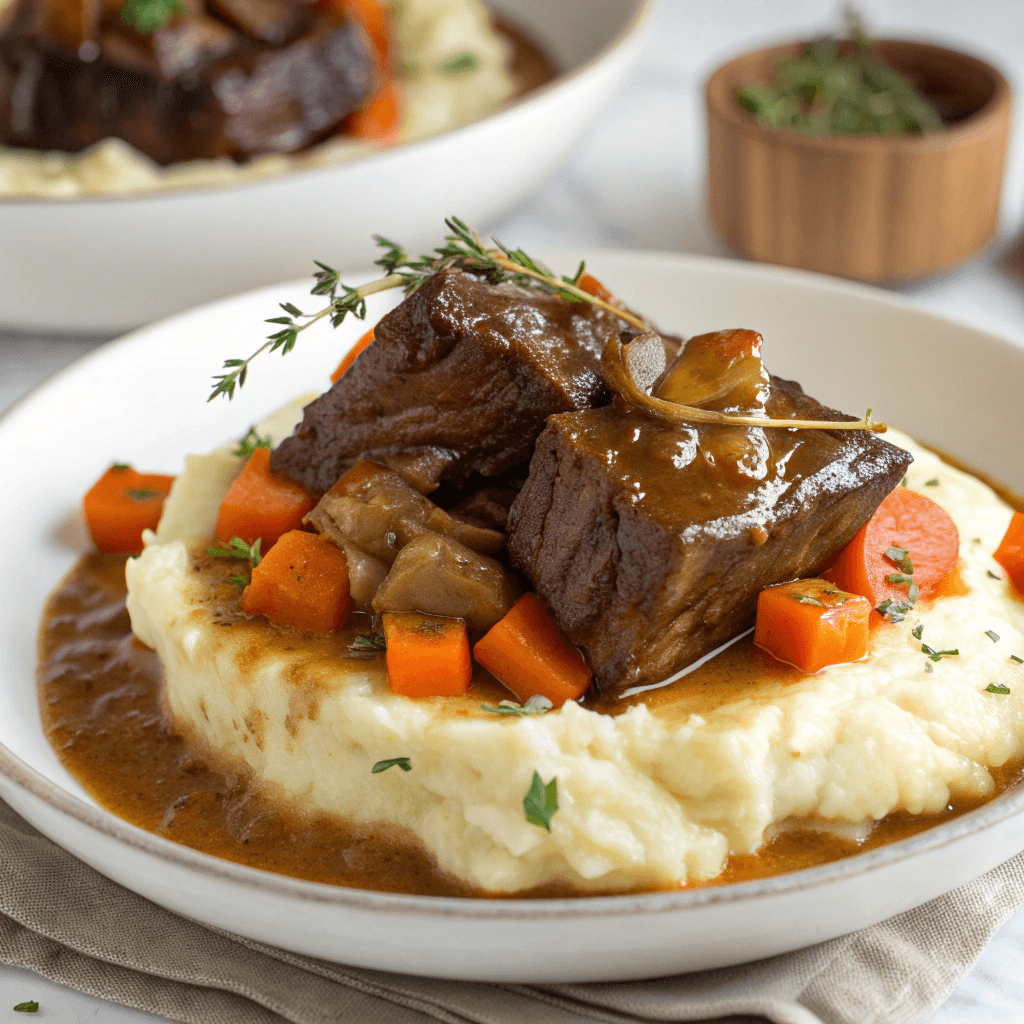 Braised short ribs shown from a slight angle over mashed potatoes with carrots and thyme.