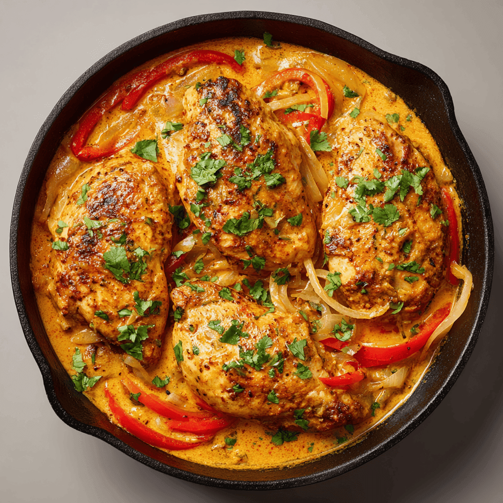 Brazilian coconut chicken in a skillet with golden coconut sauce and cilantro.