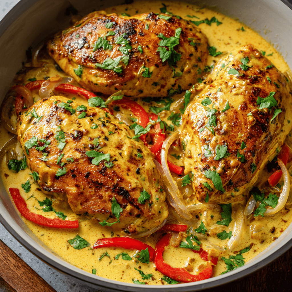 Brazilian coconut chicken served with creamy coconut sauce and herbs.