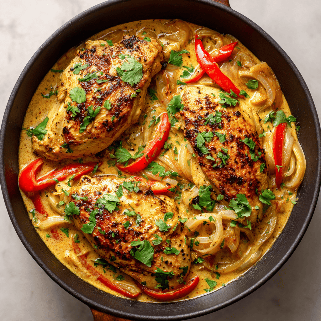 Skillet of Brazilian coconut chicken shown from a slightly different angle.
