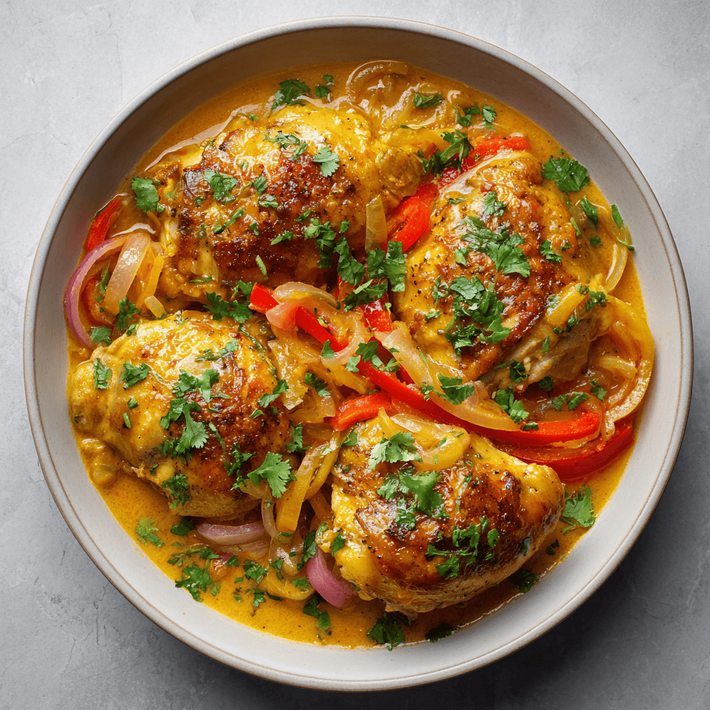 Finished Brazilian coconut chicken with golden coconut sauce and cilantro garnish.