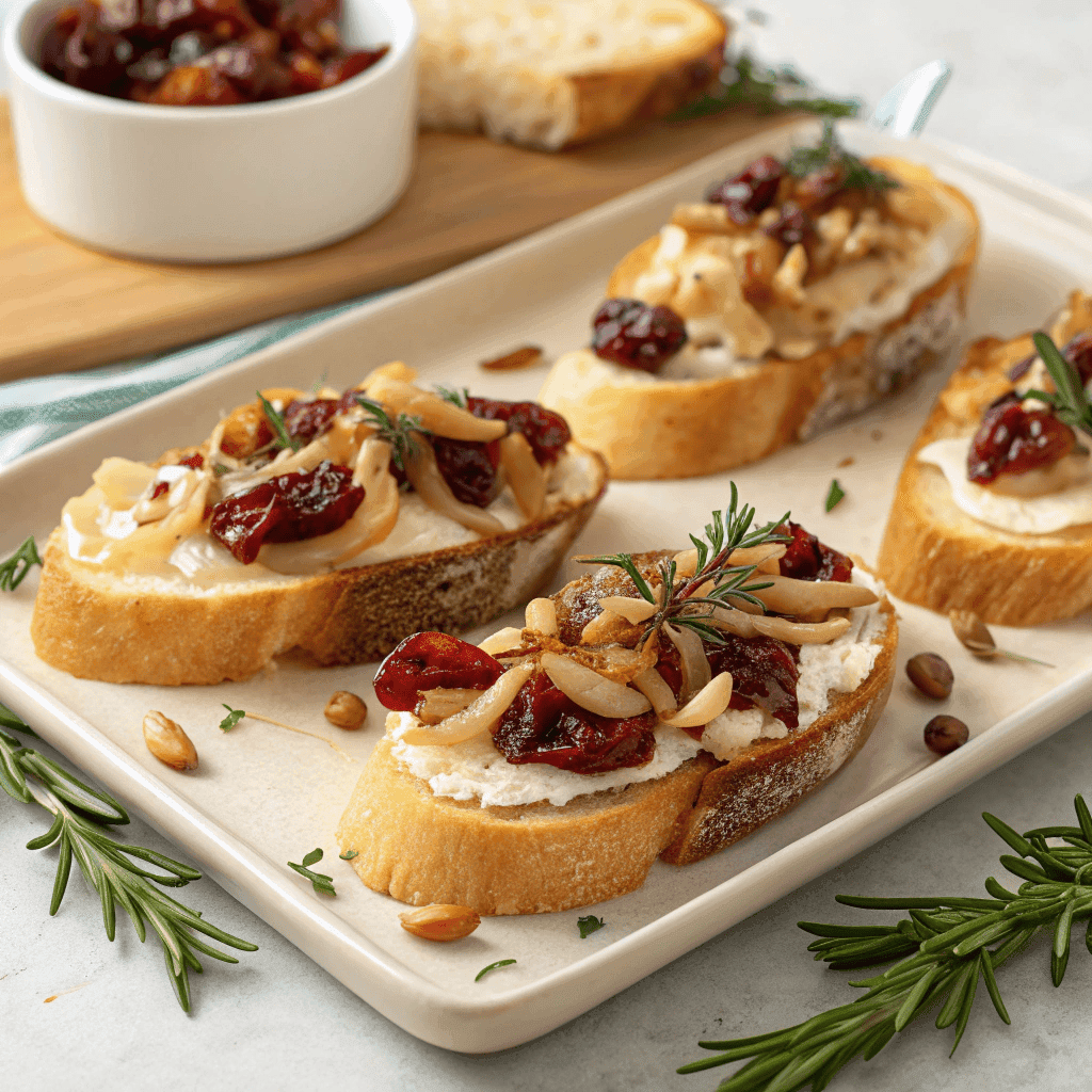 Bruschetta arranged on a serving platter showing ingredients and toppings clearly.