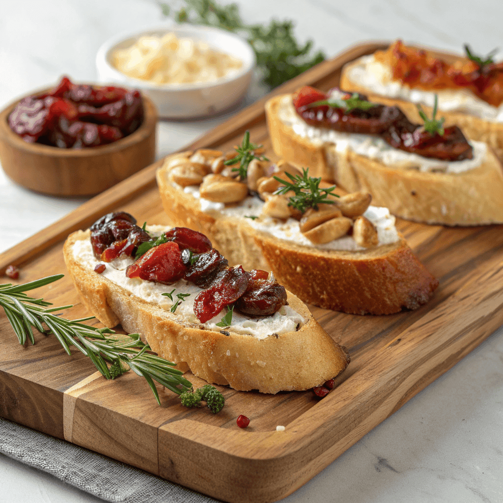 Bruschetta bar with assorted toppings on toasted baguette slices arranged on a wooden board.