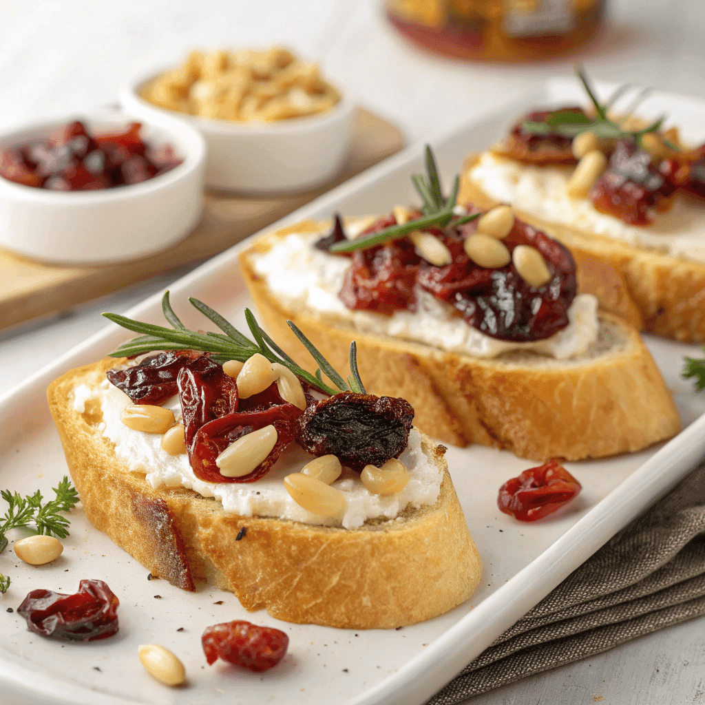 Assorted bruschetta photographed from a slightly angled view with toppings clearly visible.